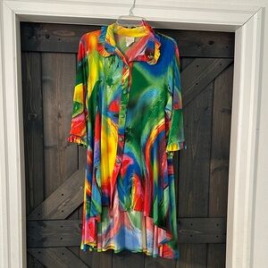 Abstract Multicolor High-Low Button-Front Dress